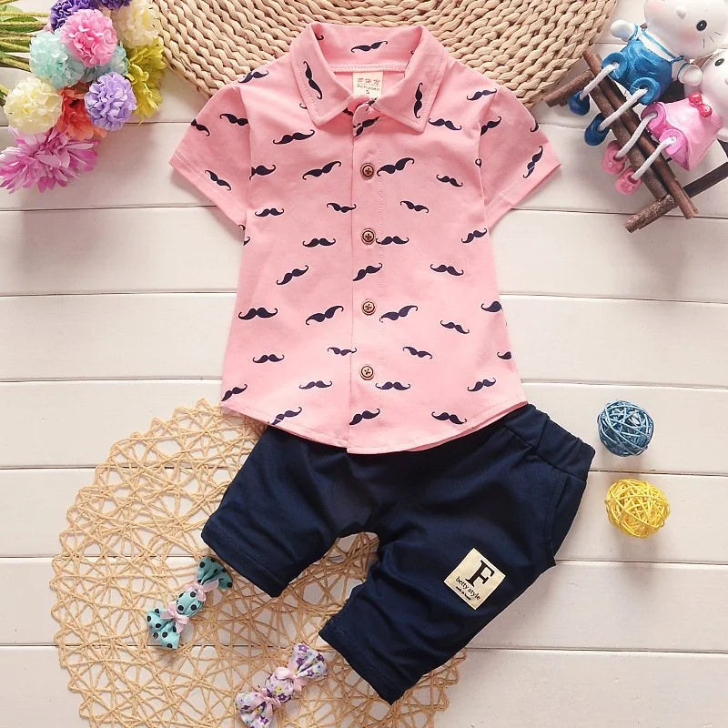 Conjunto infantil masculino estampado bigode, conjunto infantil camisa/short, conjunto infantil de verão, conjunto infantil casual, conjunto infantil menino